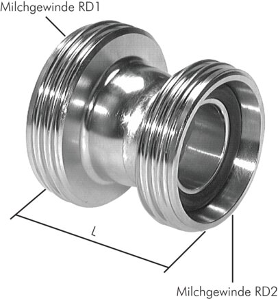 Exemplary representation: Double nipple reducing with round thread (dairy thread), 1.4301