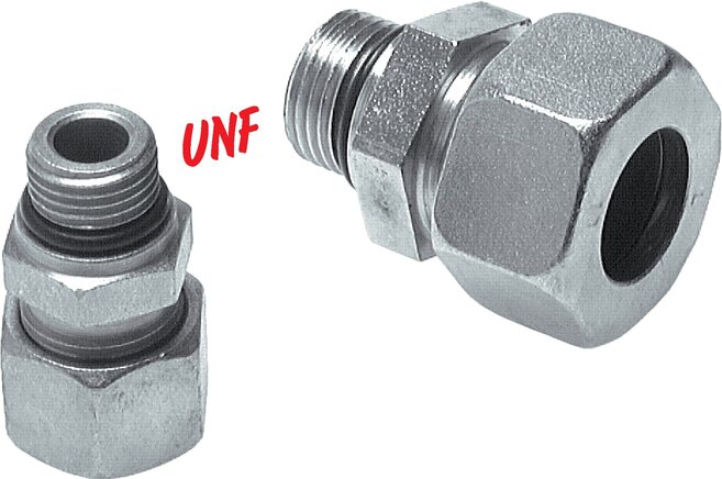 Exemplary representation: Straight screw-in fitting, UNF/UN thread, galvanised steel