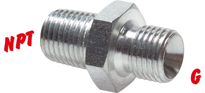 Exemplary representation: High-pressure double nipple G-thread / NPT thread, galvanised brass