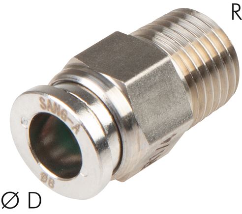 Exemplary representation: Push-in fitting with conical thread, stainless steel