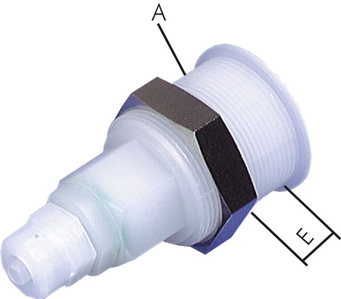 Exemplary representation: Breakaway coupling socket with hose connection & bulkhead thread, PVDF