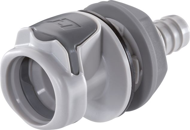 Exemplary representation: Coupling socket with grommet & bulkhead thread, polypropylene