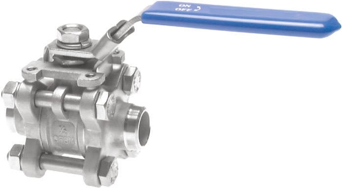 Exemplary representation: Stainless steel ball valve, 3-part, full bore, weld-on ends