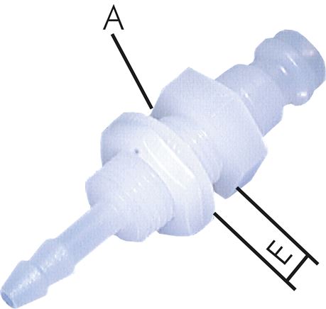 Exemplary representation: Coupling plug with hose connection & bulkhead thread, PVDF