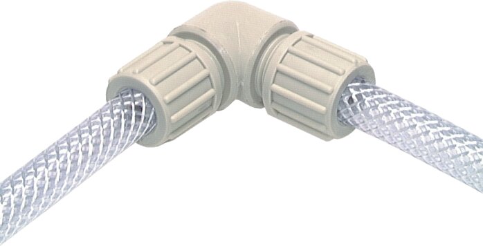 Exemplary representation: Angle connector for fabric hose TX, polypropylene